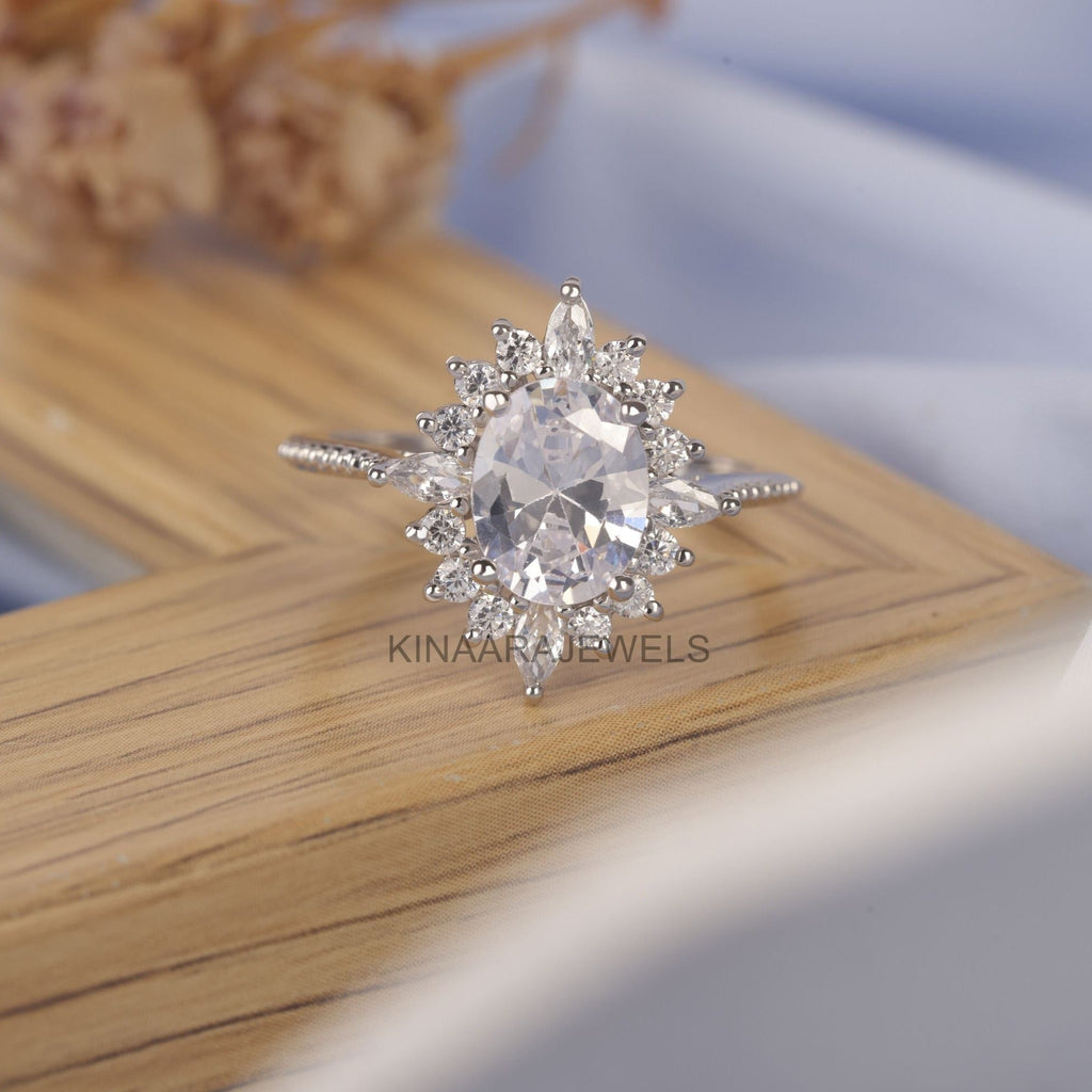 2.0 CT Oval Lab Grown Diamond Sunburst Engagement Ring