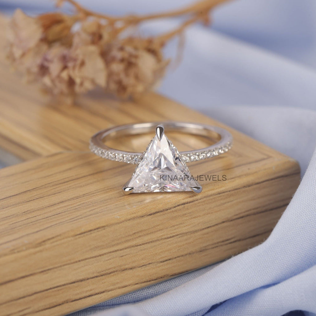 Triangle Moissanite Hidden Halo Solitaire Ring Best Gift For Her						