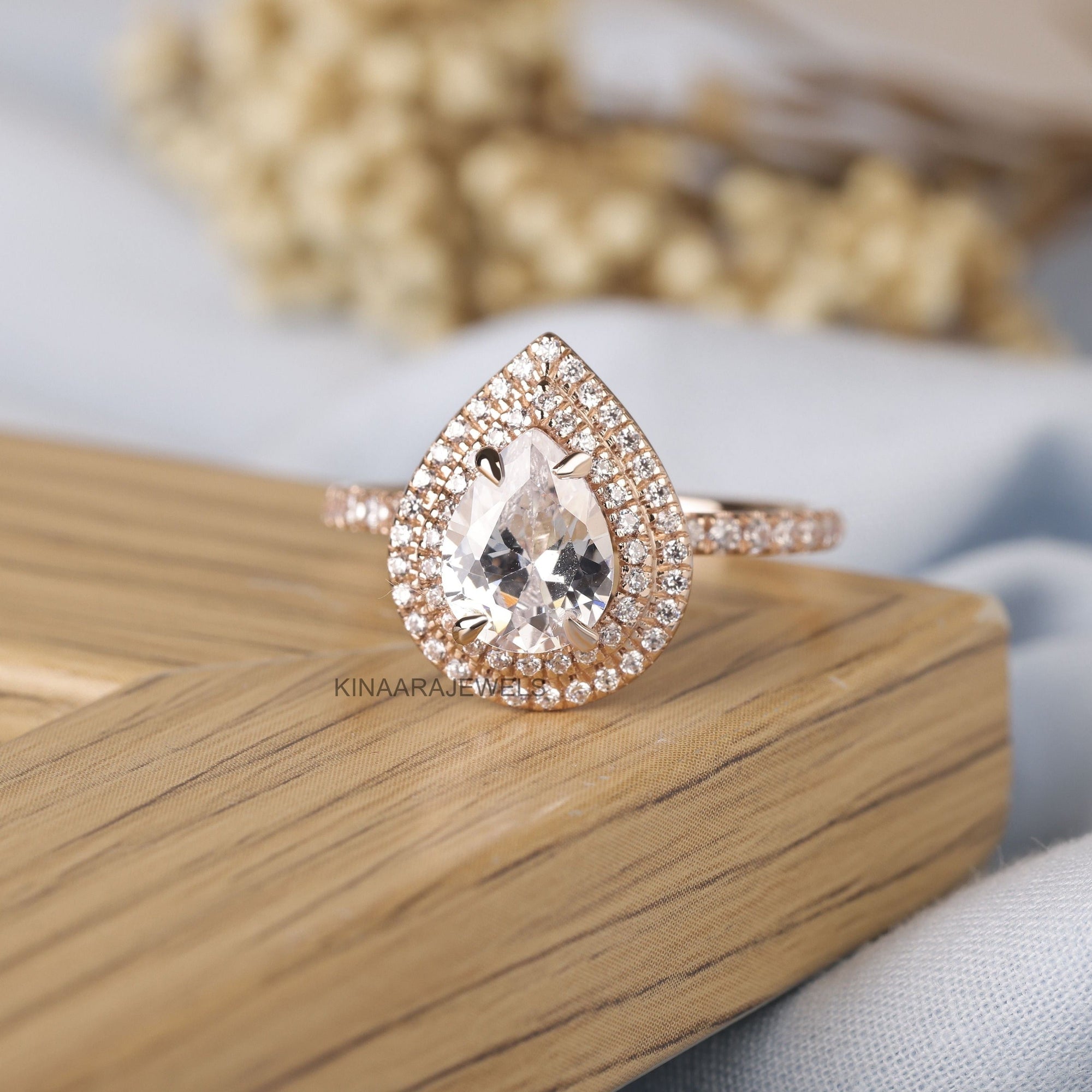 Pear Shaped Lab Grown Diamond Double Halo Traditional Ring, Solid 18K Rose Gold Ring