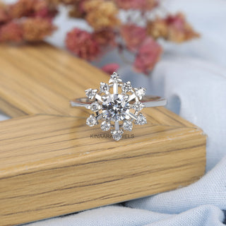 Vintage Snowflake Lab Grown Diamond Halo Engagement Ring, 14K White Gold Ring