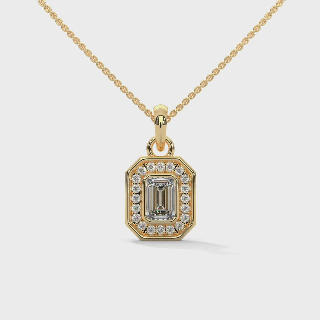 18K Gold Emerald Cut Diamond Pendant with Halo

