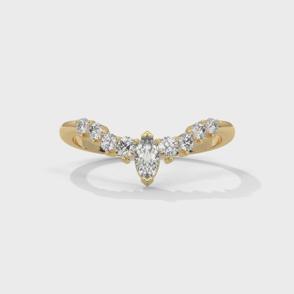 Marquise and round moissanite v shaped wedding band in 10K Yellow Gold