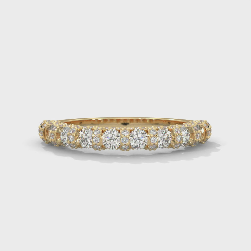 round cut moissanite u prong half eternity wedding band in 10K yellow gold

