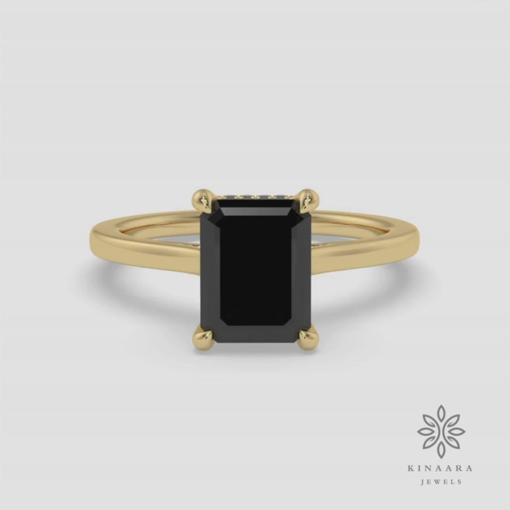 Emerald Cut Black Moissanite Hidden Halo Engagement Ring
