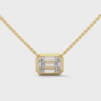 East West Emerald Cut Lab Grown Diamond Solitaire Pendant with Bezel Set, Emerald Solitaire Pendant with Chain