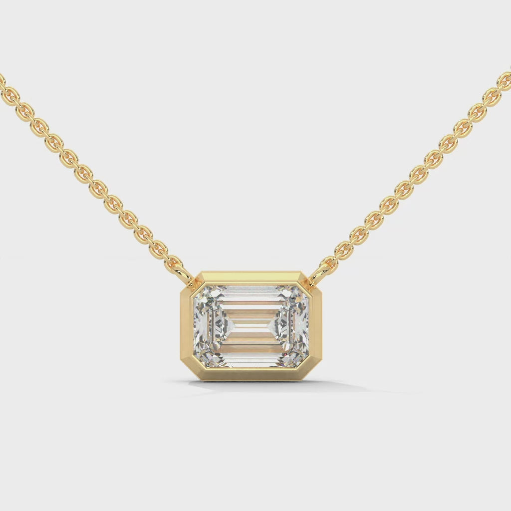 East West Emerald Cut Lab Grown Diamond Solitaire Pendant with Bezel Set, Emerald Solitaire Pendant with Chain