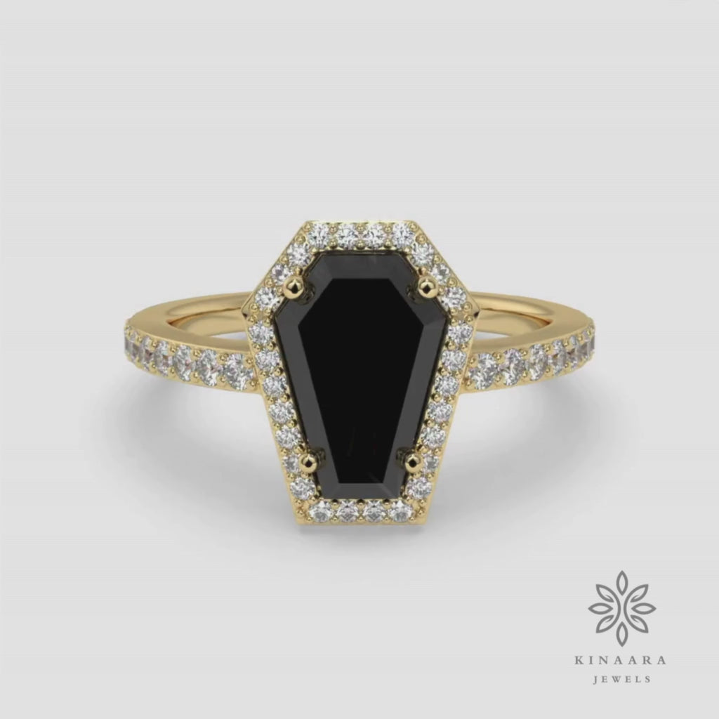 2.00 CT Black Coffin Cut Moissanite Ring, Black Coffin Halo Engagement Ring