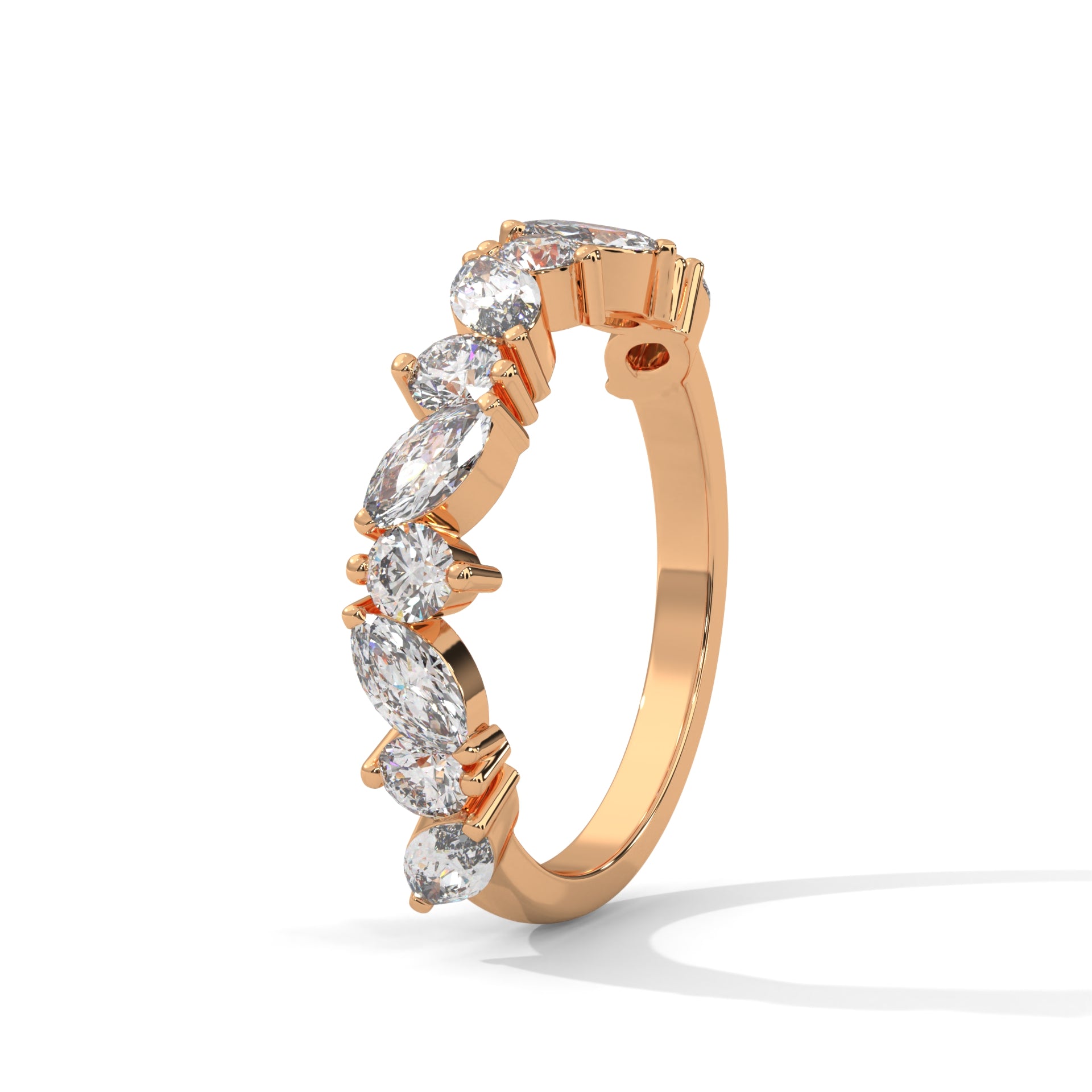 round and marquise cut moissanite half eternity band in rose gold
