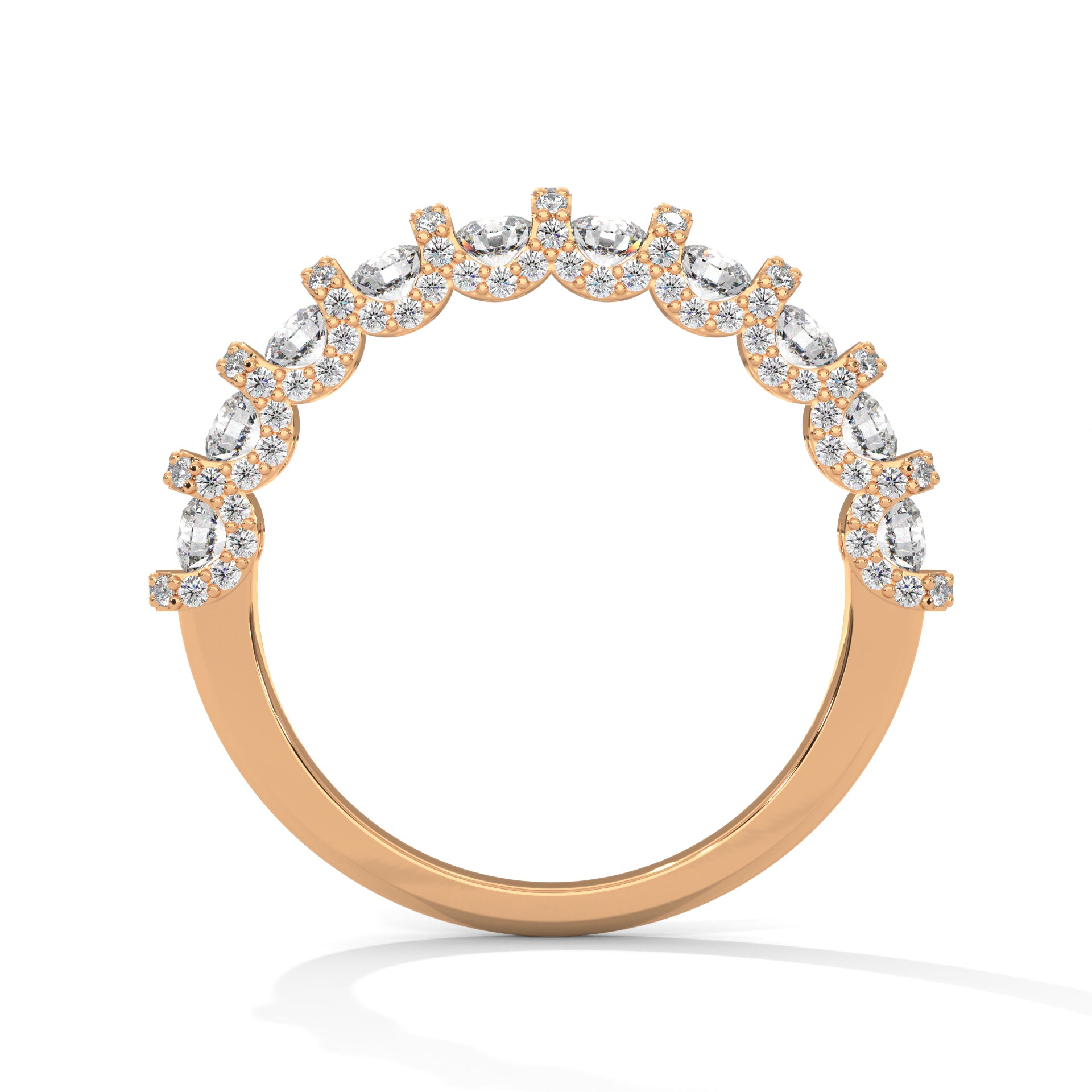 round shape moissanite u prong half eternity wedding band in rose gold