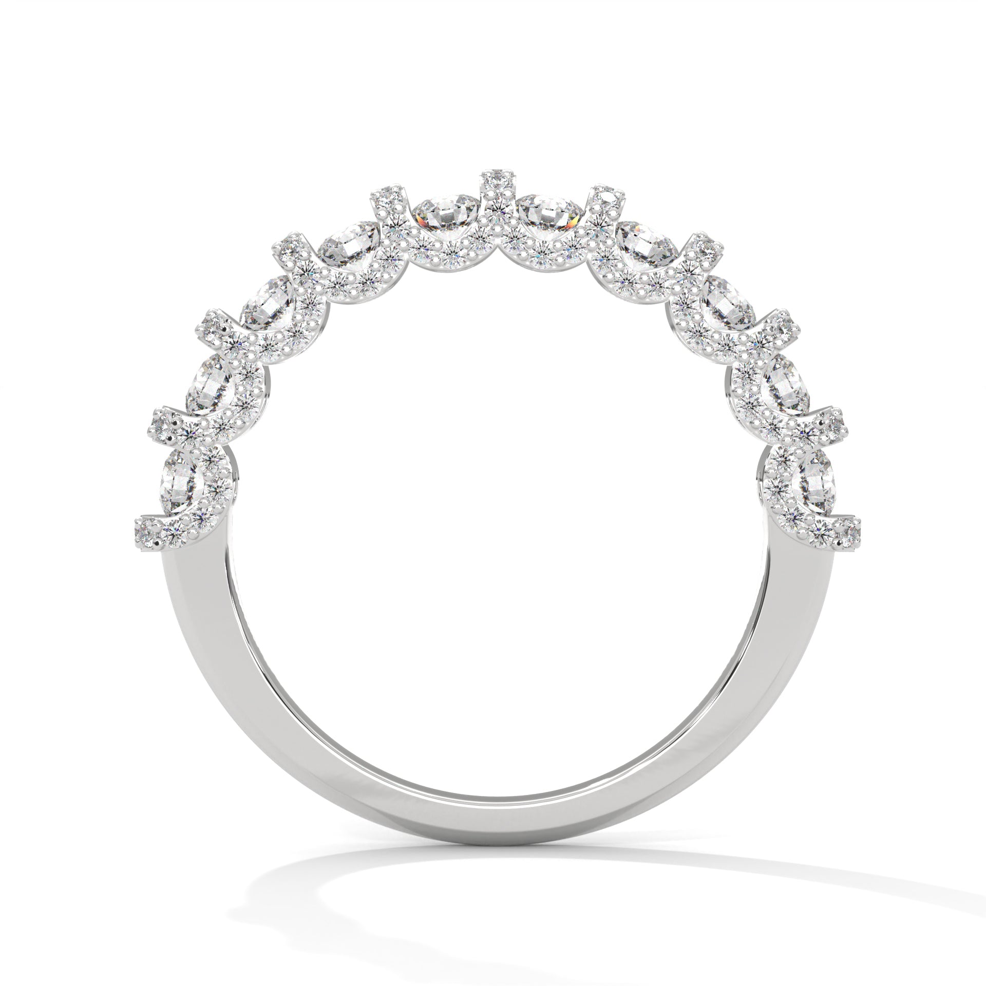 round shape moissanite u prong half eternity wedding band in white gold