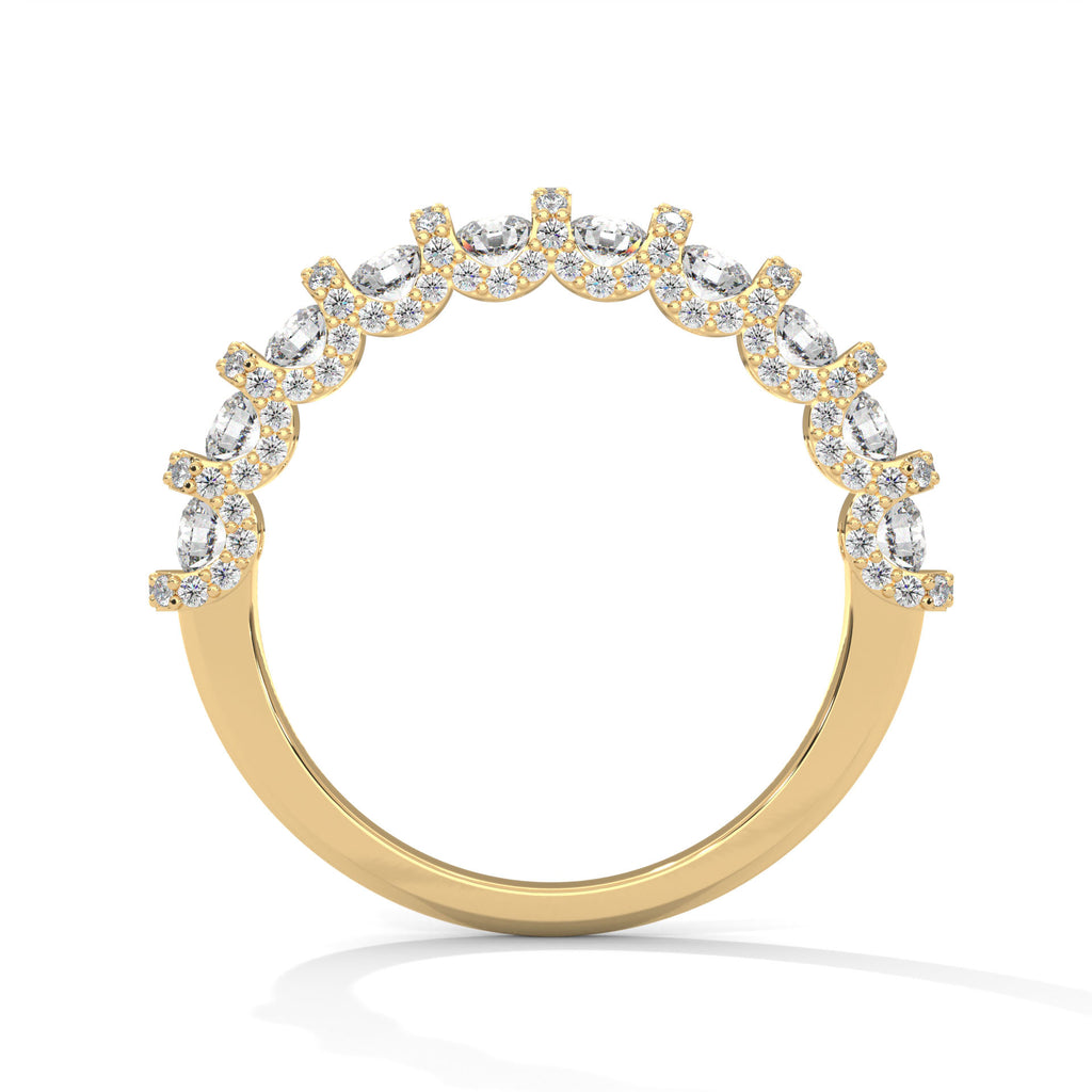 round shape moissanite u prong half eternity wedding band in yellow gold