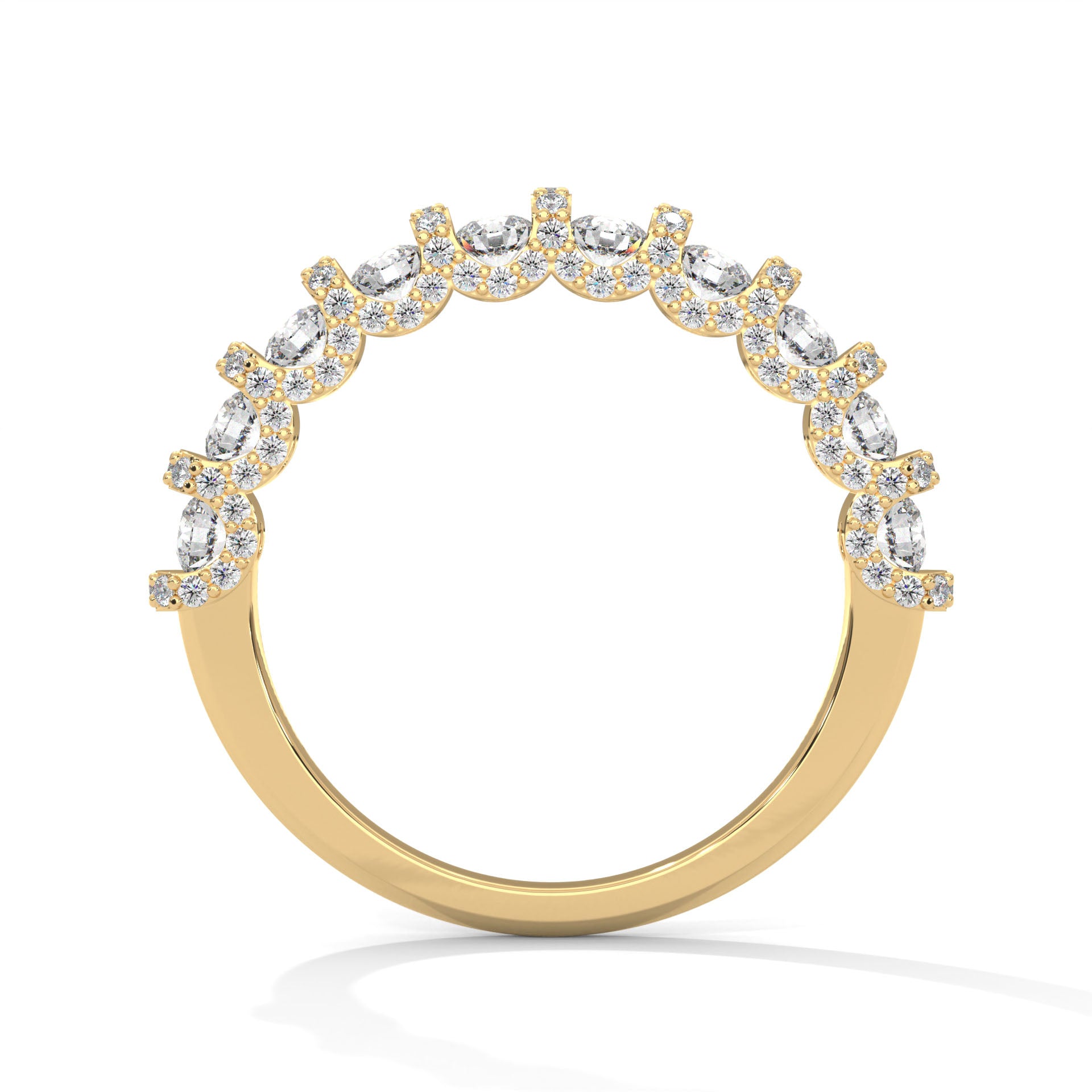 round shape moissanite u prong half eternity wedding band in yellow gold