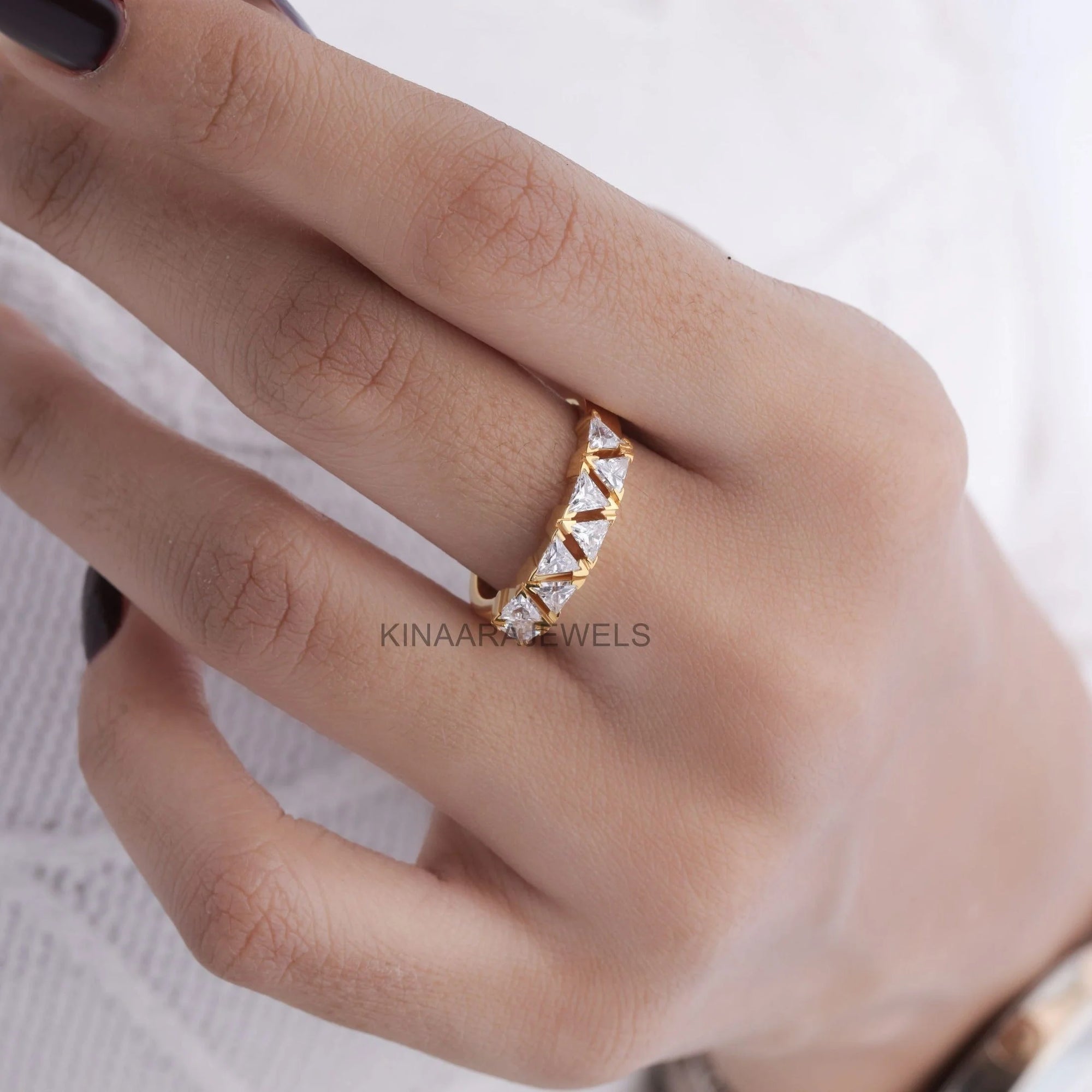 trillion moissanite v prong band