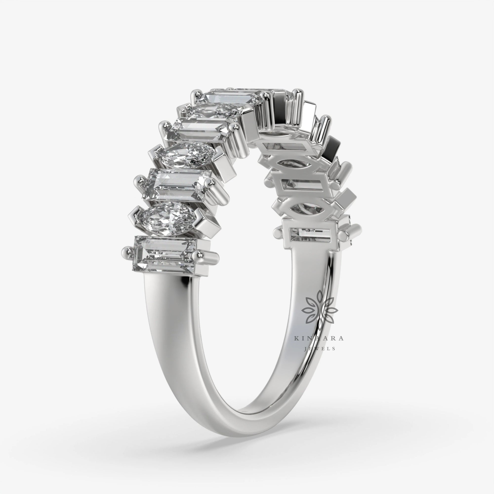 white gold baguette and marquise moissanite wedding band